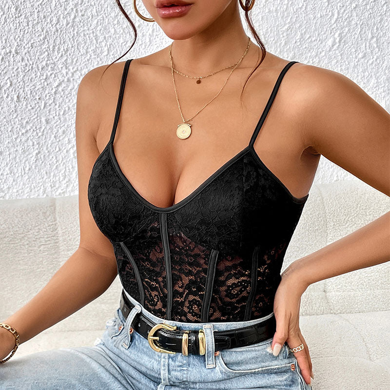 Women's Lace Panel Bodysuit – V-Neck Sheer Insert Long Sleeve Bodysuit