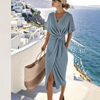 Women's Draped Midi Wrap Dress – Side Slit Cocktail Occasion Dress