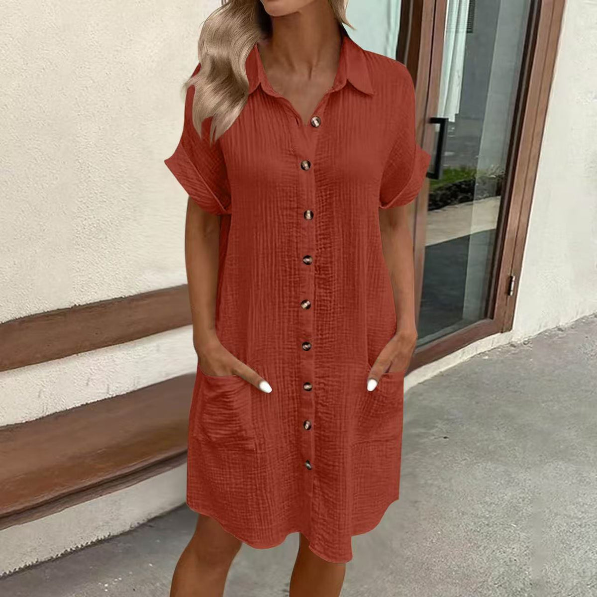 Women's Vintage V-Neck Dress – Flowy Three-Quarter Sleeve Day Dress