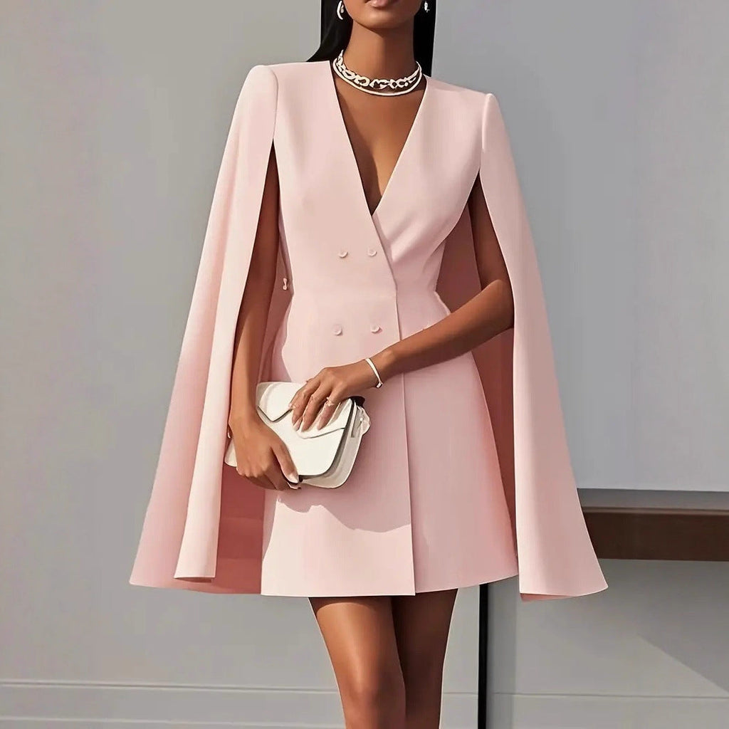 Alanah | Hooded Cape Cocktail Dress with v-neck