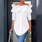 Women's Ruffle Off-Shoulder Blouse – Button Front Three-Quarter Sleeve Blouse