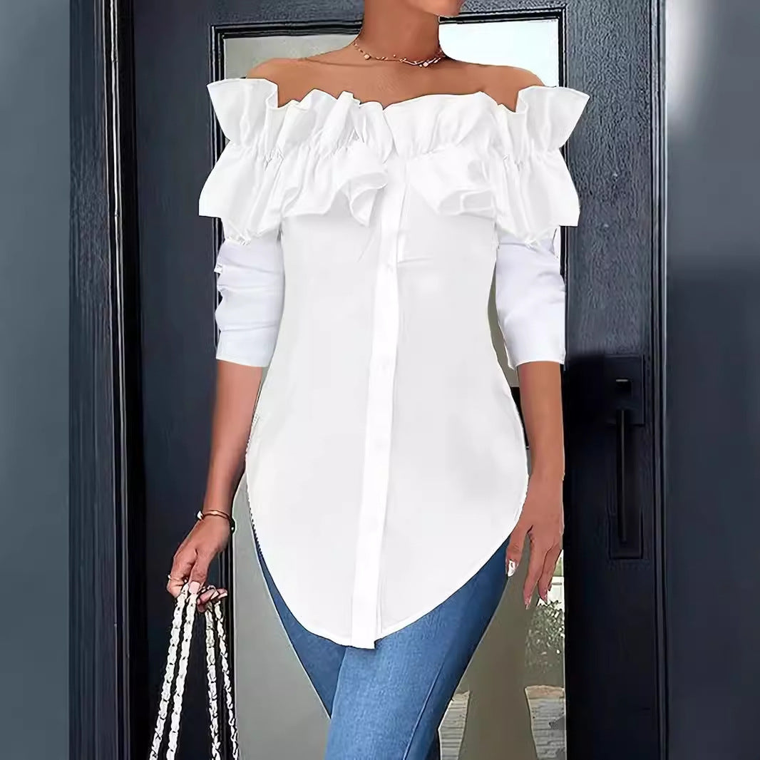 Women's Ruffle Off-Shoulder Blouse – Button Front Three-Quarter Sleeve Blouse