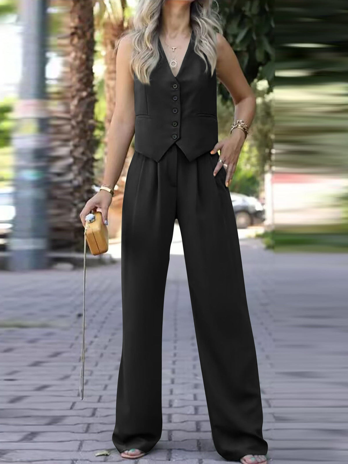 Women's Sleeveless Vest Pants Set – V-Neck Waistcoat & Wide Leg Trousers