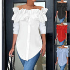 Women's Ruffle Off-Shoulder Blouse – Button Front Three-Quarter Sleeve Blouse