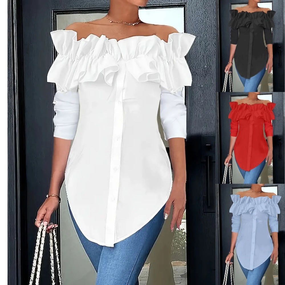 Women's Ruffle Off-Shoulder Blouse – Button Front Three-Quarter Sleeve Blouse