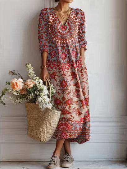 Women's Vintage Floral Midi Dress – A-Line Flowy Summer Dress