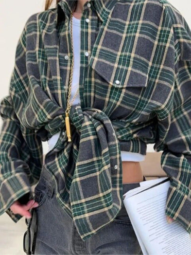 Women's Checked Button Blouse – Oversized Relaxed Shirt Blouse