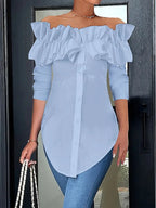 Women's Ruffle Off-Shoulder Blouse – Button Front Three-Quarter Sleeve Blouse
