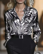 Women's Statement Print Blouse – Wave Pattern Long Sleeve Blouse