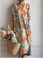 Women's Vintage Floral Midi Dress – A-Line Flowy Summer Dress