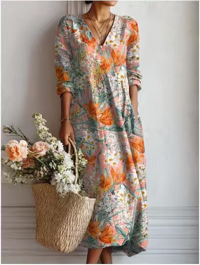 Women's Vintage Floral Midi Dress – A-Line Flowy Summer Dress
