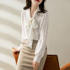 Women's Belted Tie Neck Blouse – Long Sleeve Dressy Blouse