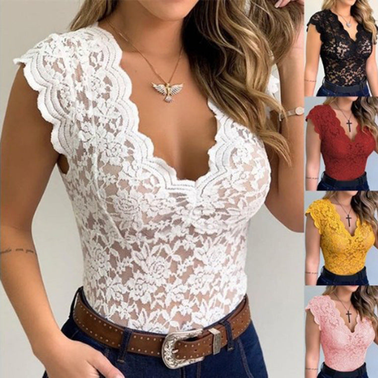 Women's Plunging Ruffle Lace Bodysuit – V-Neck Statement Sleeve Bodysuit