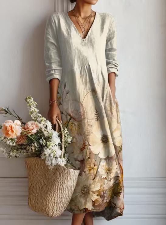 Women's Vintage Floral Midi Dress – A-Line Flowy Summer Dress