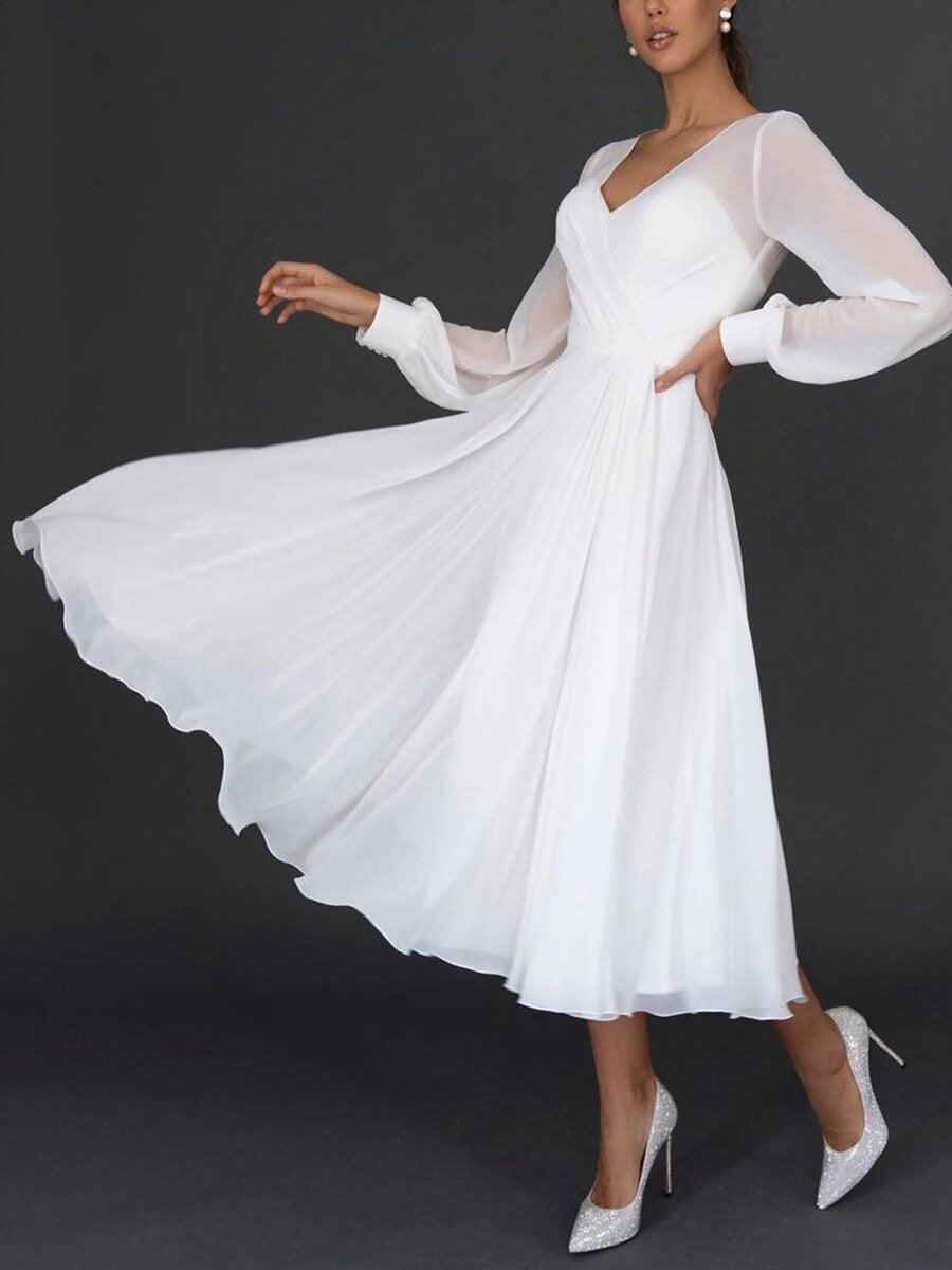 Women's Pleated Fit & Flare Dress – V-Neck Long Sleeve Cocktail Dress