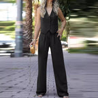 Women's Sleeveless Vest Pants Set – V-Neck Waistcoat & Wide Leg Trousers