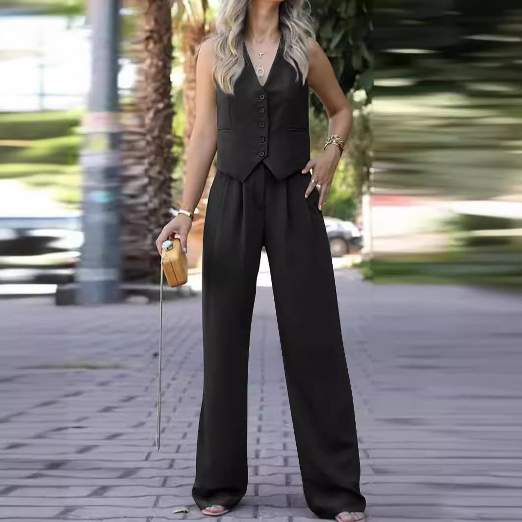 Women's Sleeveless Vest Pants Set – V-Neck Waistcoat & Wide Leg Trousers