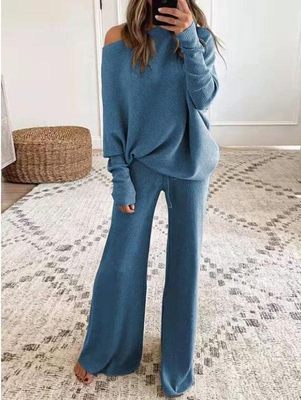 Women's Wide Leg Knit Pants Set – Long Sleeve Top & Coordinated Trousers