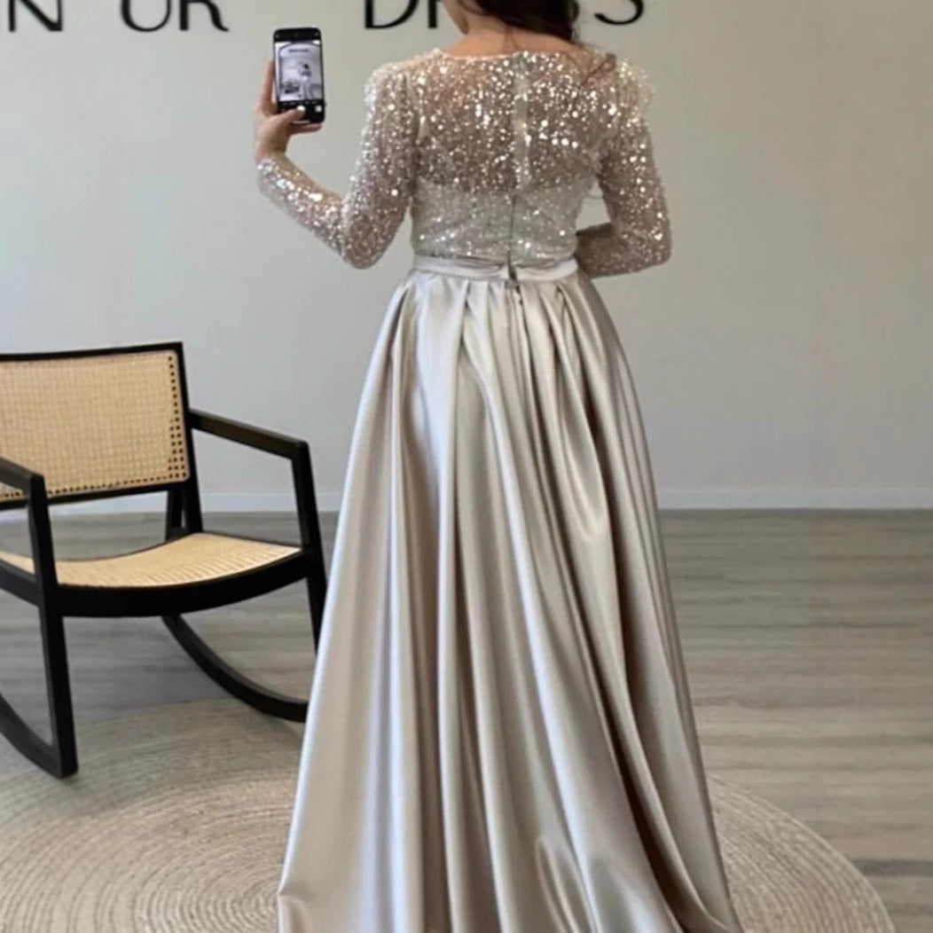 Women's Long Sleeve Glitter Gown – Flowing Sparkle Formal Evening Dress