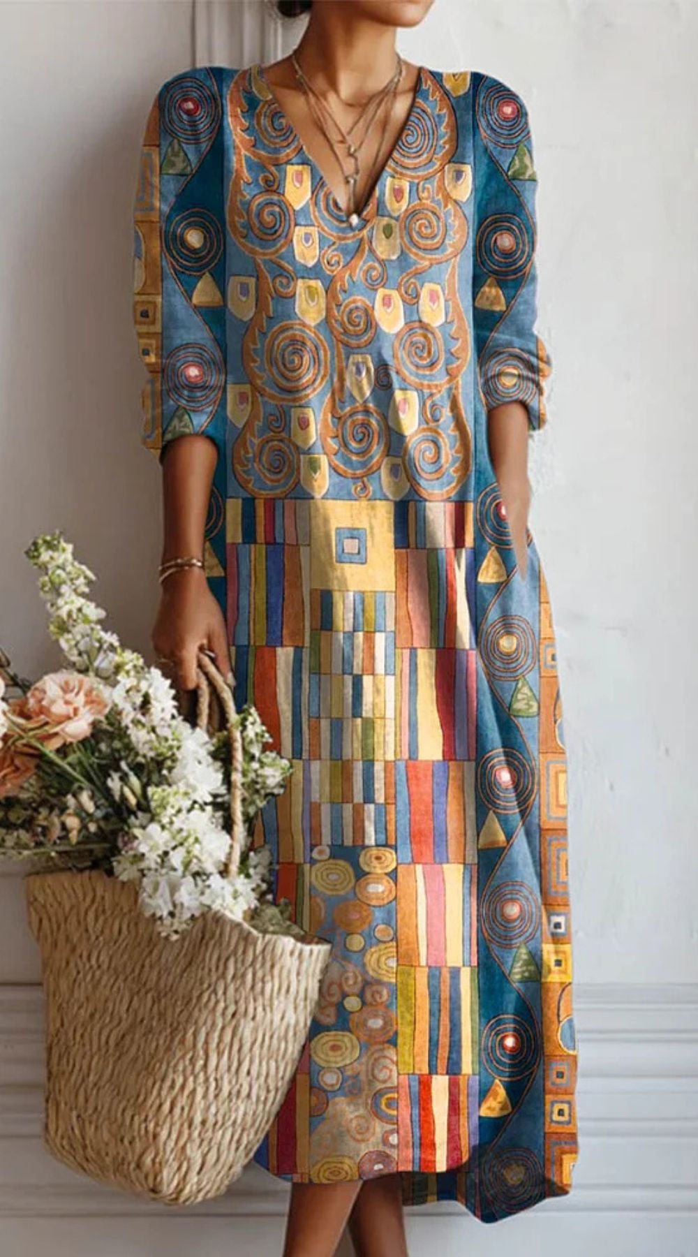 Women's Vintage Floral Midi Dress – A-Line Flowy Summer Dress