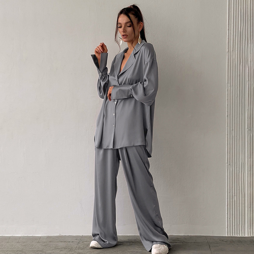 Women's Oversized Lounge Pants Set – Relaxed Blouse Wide Leg Two Piece Set