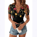Women's Sheer Floral V-Neck Bodysuit – Lace Sleeve Fitted Bodysuit