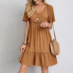 Women's V-Neck Ruffle Dress – Short Sleeve Flowy Summer Dress
