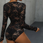 Women's Deep V-Neck Floral Bodysuit – Sheer Lace Long Sleeve Bodysuit