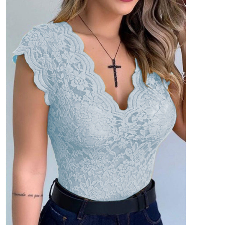 Women's Plunging Ruffle Lace Bodysuit – V-Neck Statement Sleeve Bodysuit