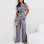 Women's High Waist Co-Ord Set – Draped Top & Wide Leg Pants Set