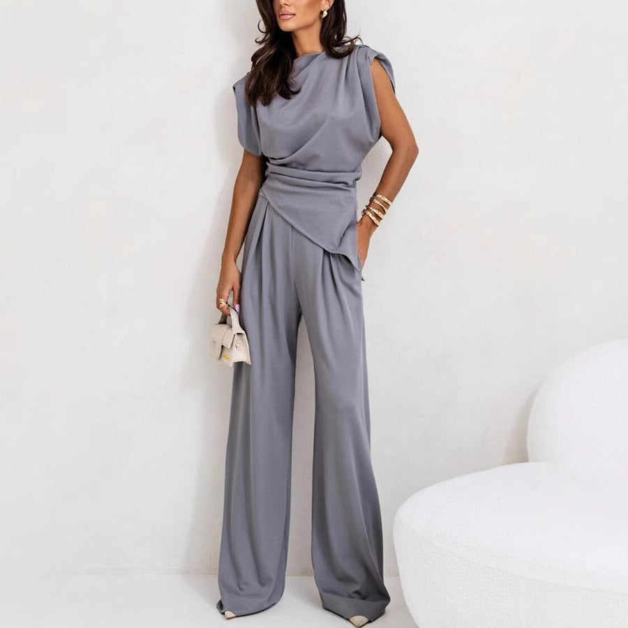 Women's High Waist Co-Ord Set – Draped Top & Wide Leg Pants Set