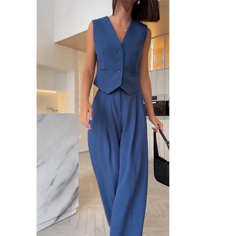 Women's Sleeveless Vest Pants Set – V-Neck Waistcoat & Wide Leg Trousers