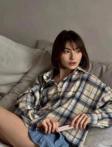 Women's Checked Button Blouse – Oversized Relaxed Shirt Blouse