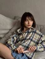 Women's Checked Button Blouse – Oversized Relaxed Shirt Blouse