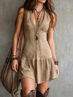 Women's Boho Ruffle Dress – V-Neck Cinched Waist Summer Dress