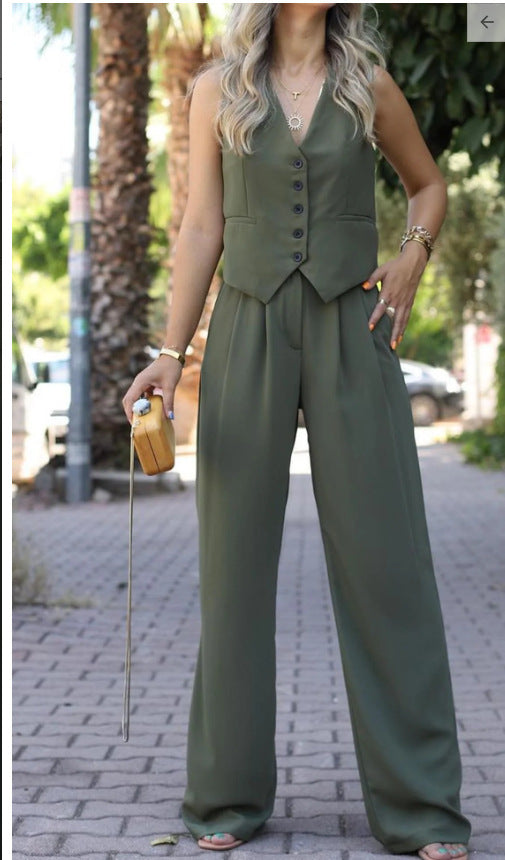 Women's Sleeveless Vest Pants Set – V-Neck Waistcoat & Wide Leg Trousers