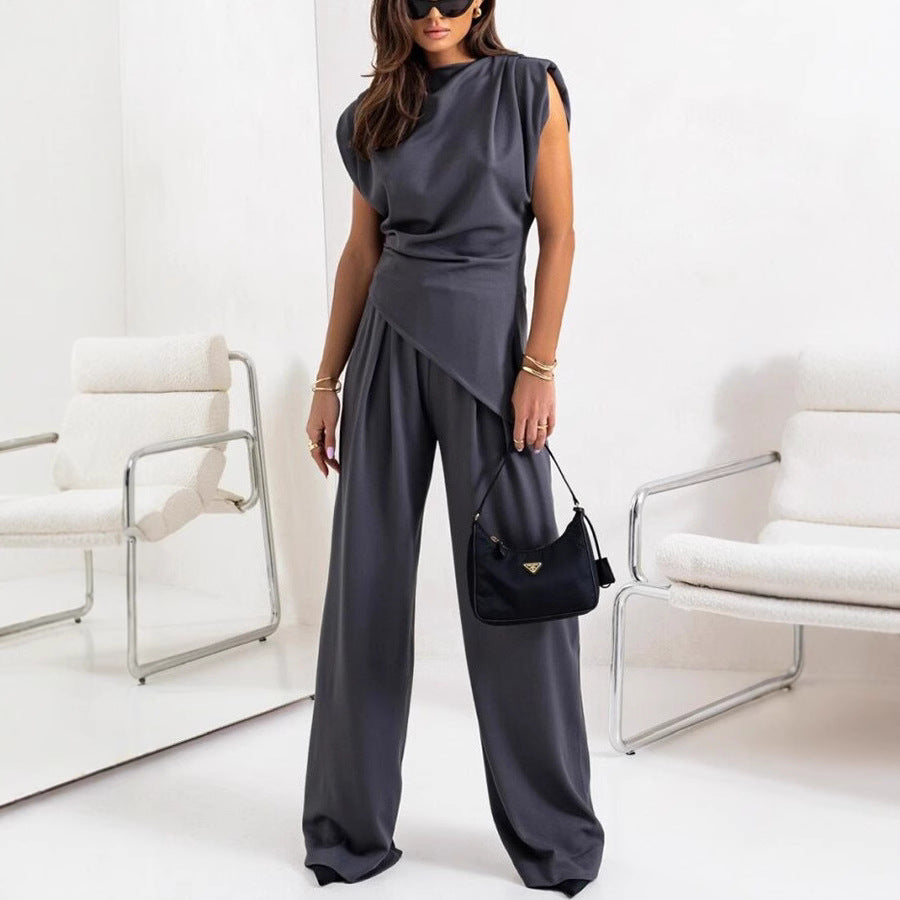 Women's High Waist Co-Ord Set – Draped Top & Wide Leg Pants Set