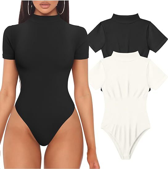 Women's Fitted Mock Neck Bodysuit – Short Sleeve Everyday Bodysuit
