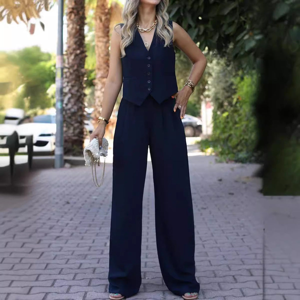 Women's Sleeveless Vest Pants Set – V-Neck Waistcoat & Wide Leg Trousers