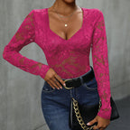 Women's Deep V-Neck Floral Bodysuit – Sheer Lace Long Sleeve Bodysuit