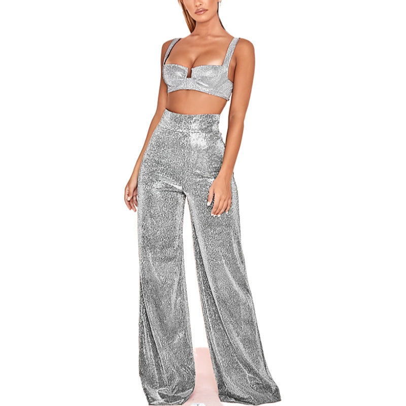 Women's Sparkly Side Slit Party Pants – High Waist Straight Leg Glitter Trousers