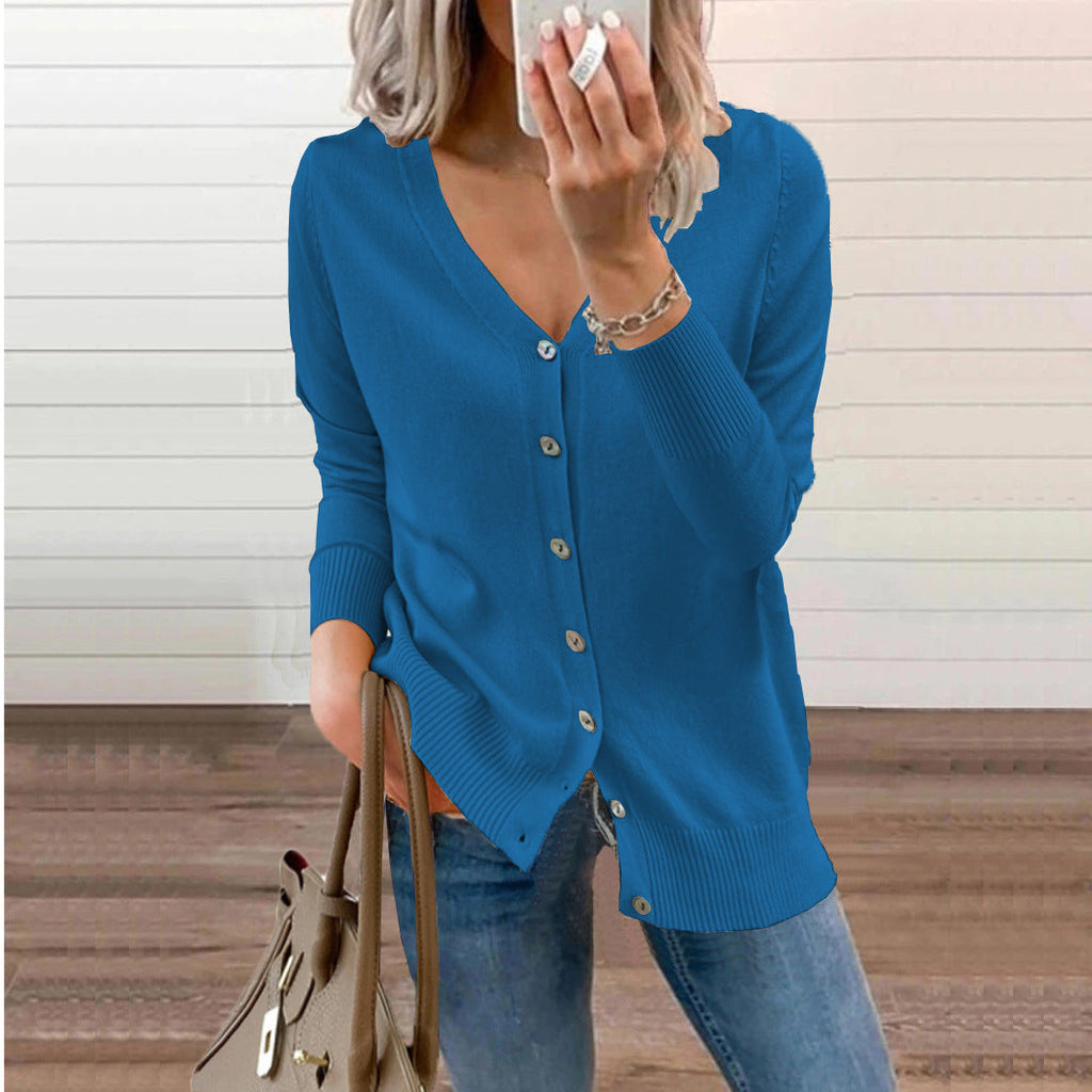 Women's Ribbed V-Neck Cardigan – Button Front Long Sleeve Cardigan