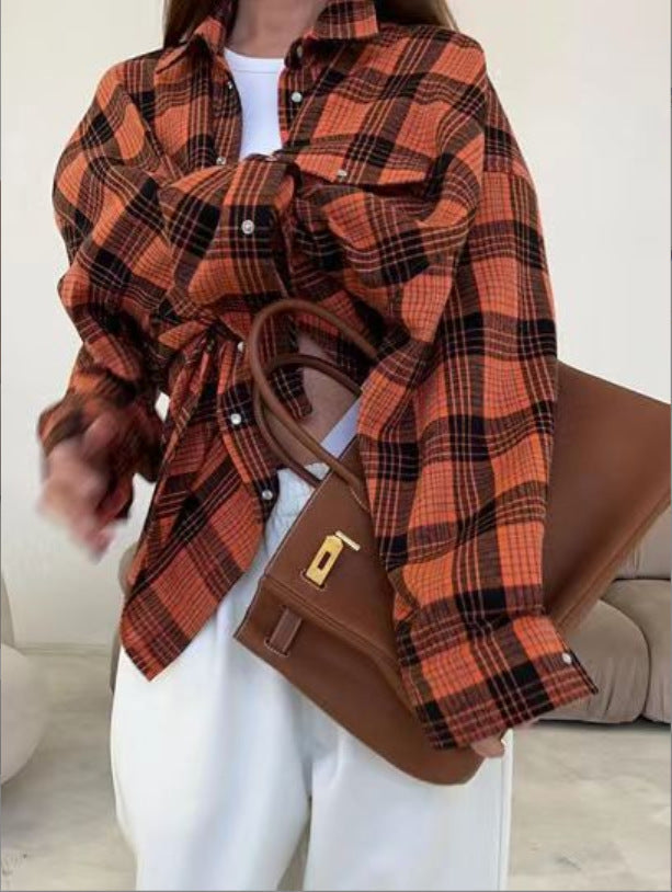 Women's Checked Button Blouse – Oversized Relaxed Shirt Blouse
