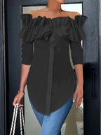 Women's Ruffle Off-Shoulder Blouse – Button Front Three-Quarter Sleeve Blouse