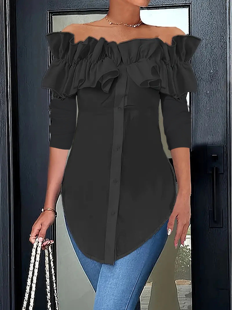 Women's Ruffle Off-Shoulder Blouse – Button Front Three-Quarter Sleeve Blouse