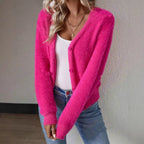Women's Fluffy V-Neck Knit Cardigan – Relaxed Button Front Cardigan