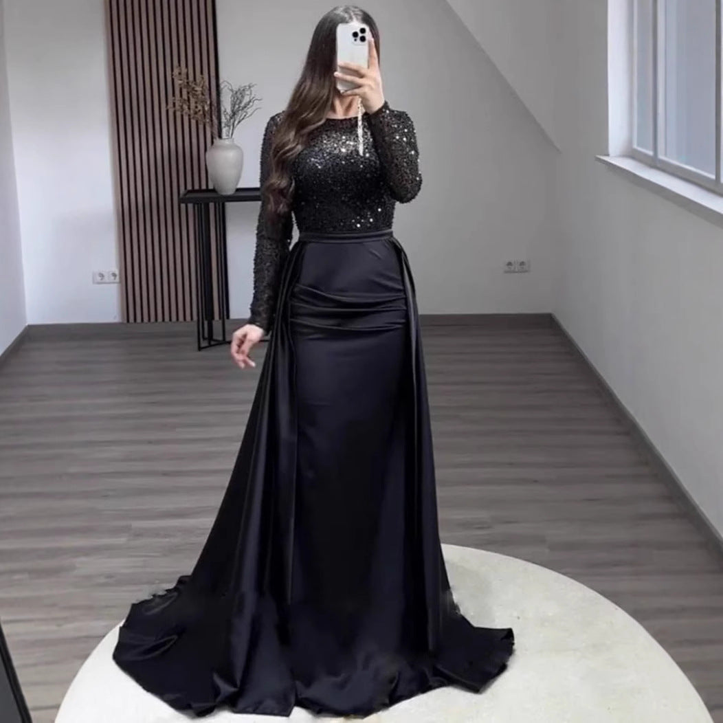 Women's Long Sleeve Glitter Gown – Flowing Sparkle Formal Evening Dress