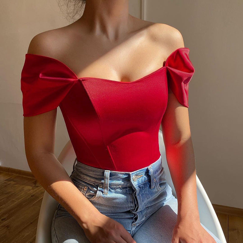 Women's Off-Shoulder Corset Bodysuit – Bow Sleeve Fitted Party Bodysuit