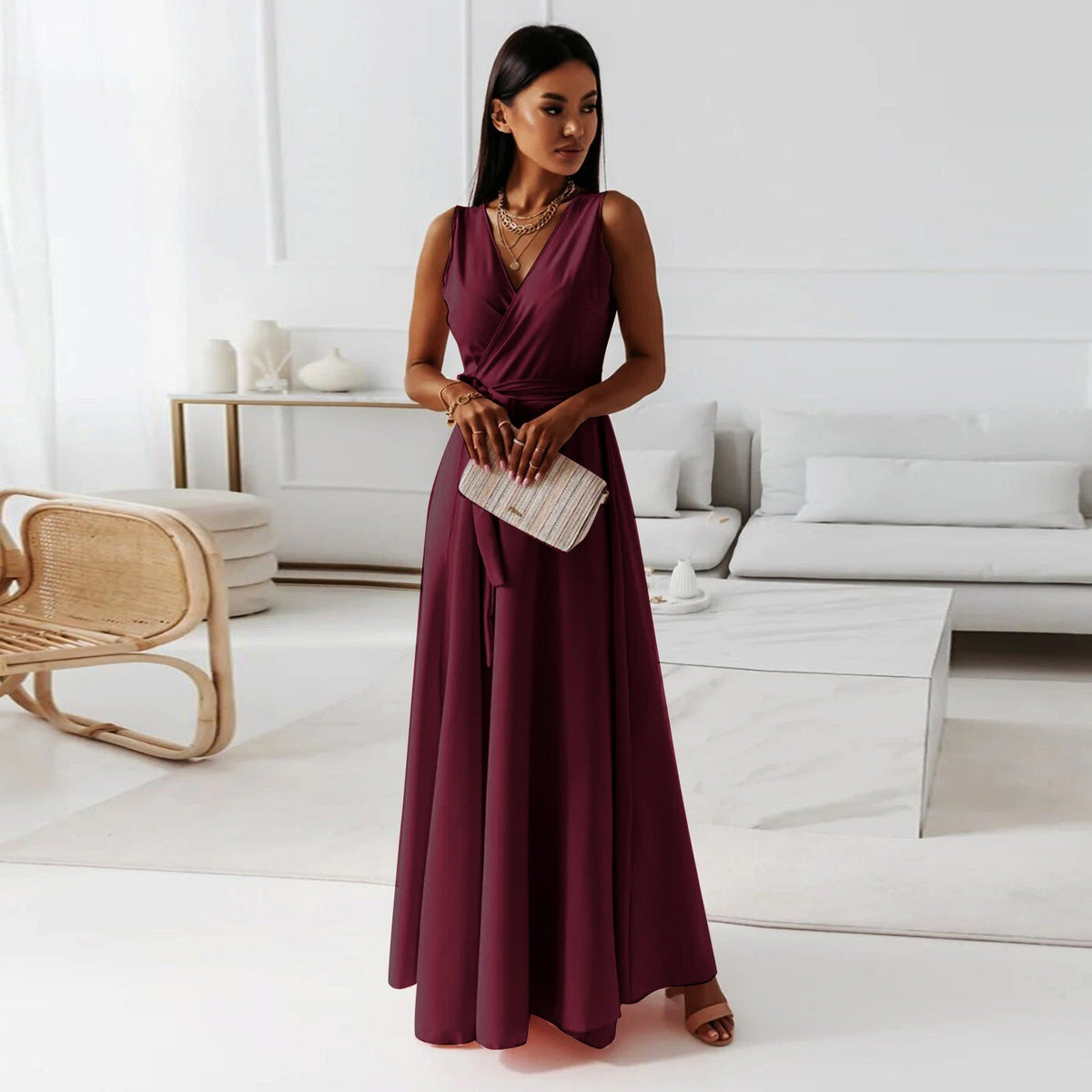Women's Bridesmaid Wrap Maxi Dress – V-Neck Wedding Guest Occasion Dress