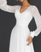 Women's Pleated Fit & Flare Dress – V-Neck Long Sleeve Cocktail Dress